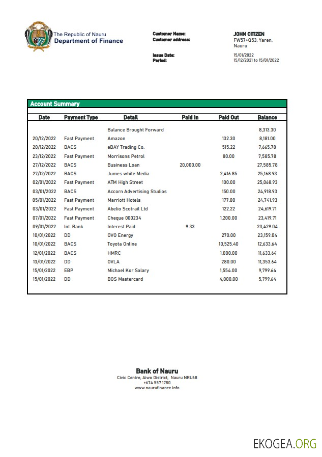 Relevé bancaire de la Nauru Bank de Nauru template Relevé bancaire de la Nauru Bank de Nauru template